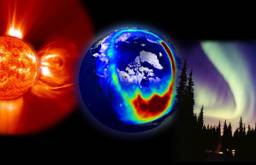 4. kép. Az űrbeli időjárás három legfontosabb tényezőjének egy képen ábrázolva. Napkitörés a Nap légkörében, sarki fény az űrből nézve és sarki fény a Földről nézve. 